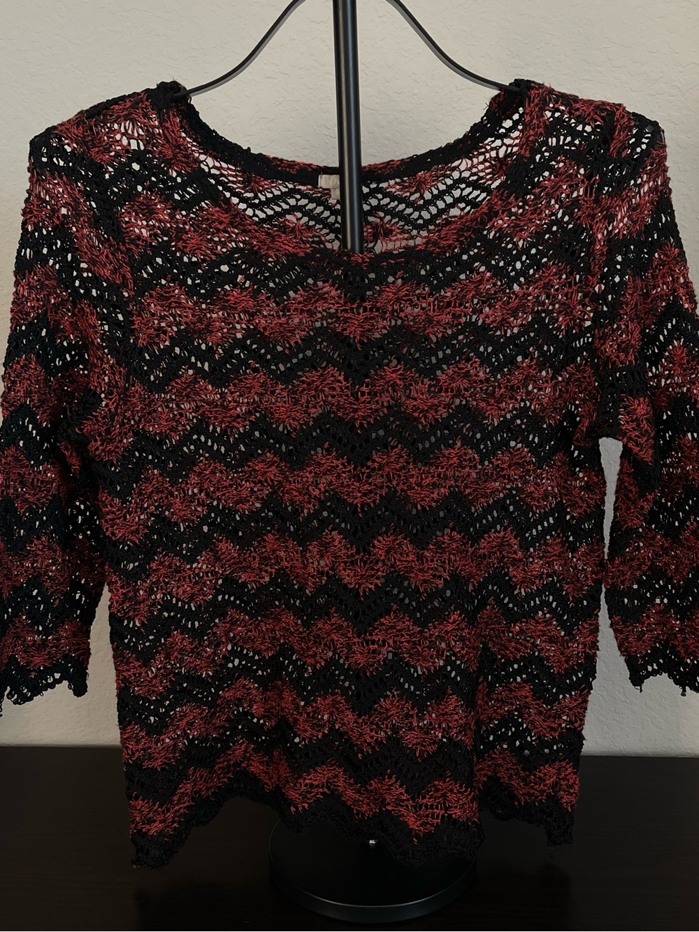 OVS Black and Orange Chevron Crochet Open-Knit 3/4 Sleeve Jumper Sweater Top M